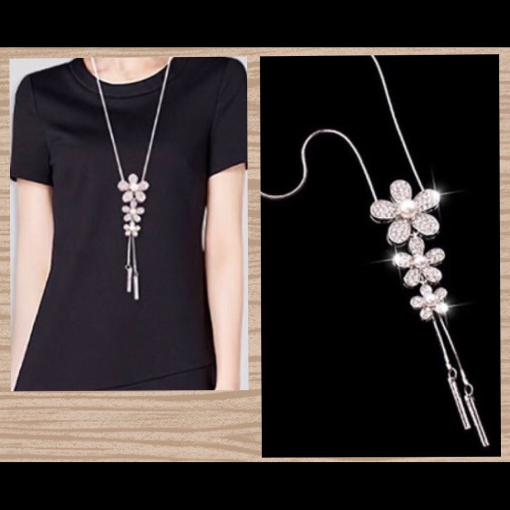 Silver rhinestone flower trio long necklace